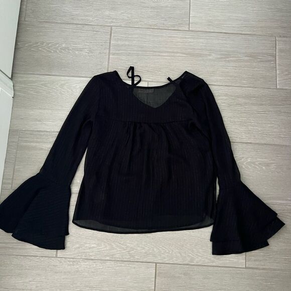 Hollister XS Black Metallic lurex stripes chiffon bell sleeve flowy top blouse - Picture 7 of 8